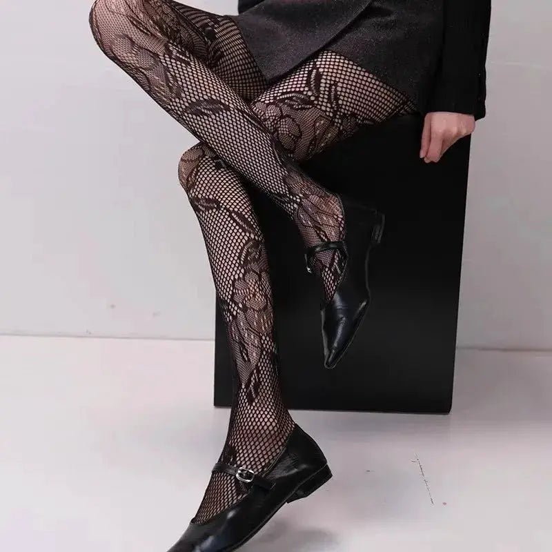 Lolita Sweet Floral Punk Style Colorful Thigh High Tights Hollow Out Mesh Fishnet Design For Women