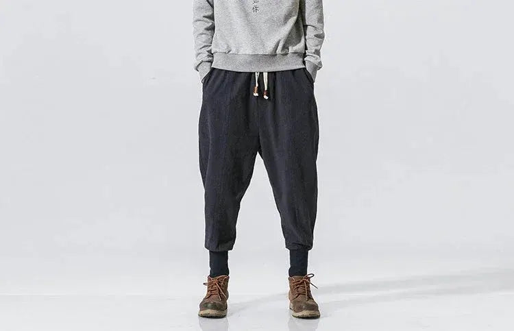 Cotton-linen harem joggers for men, Simples Market baggy drop-crotch pants in dark navy