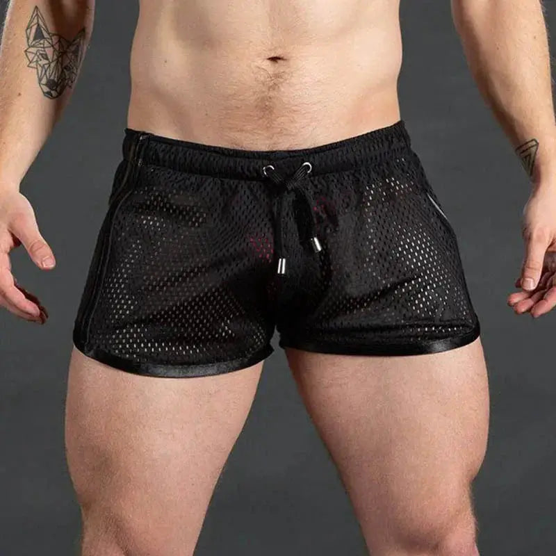 Men's black mesh gym shorts with drawstring; quick-dry, breathable athletic shorts