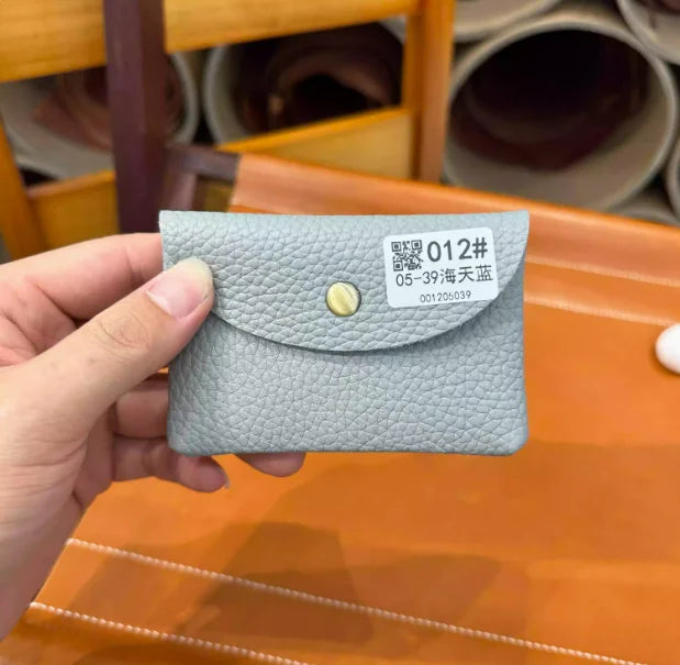 Personalize Genuine Leather Card Holder grey pebble cowhide with envelope-style flap and snap closure.