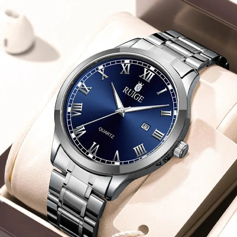 Ruige Mens Watch Minimalist Roman Dial Night Glow Water Resistant Stainless Steel Band