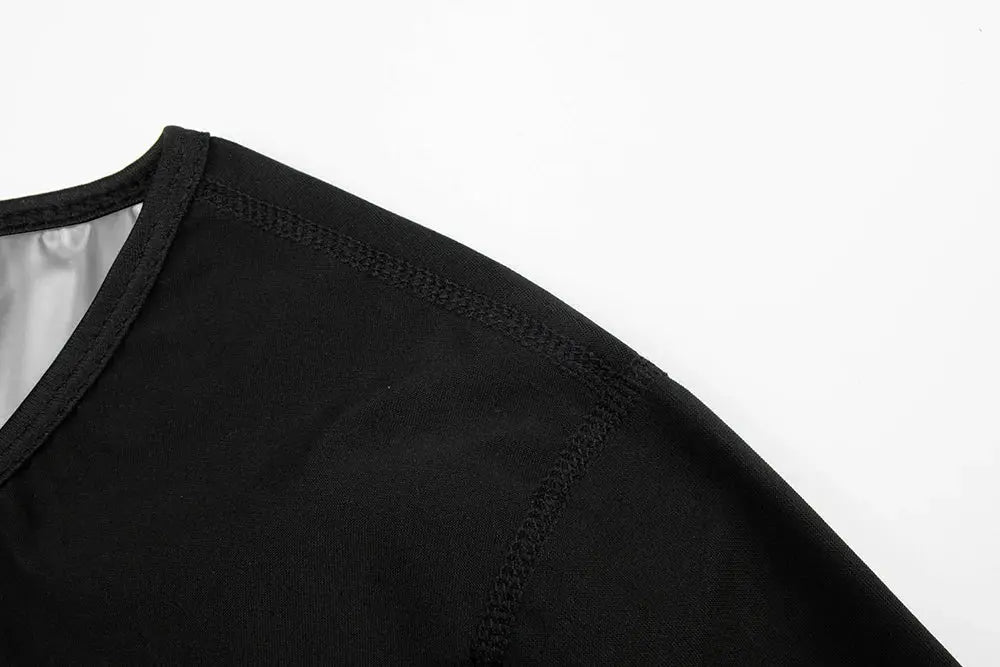 Black sauna suit jumpsuit fabric close-up with shoulder seam Simples Market