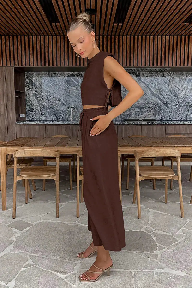 Linen Two Piece Pant Set With Crop Top For Women Spring Summer 2025