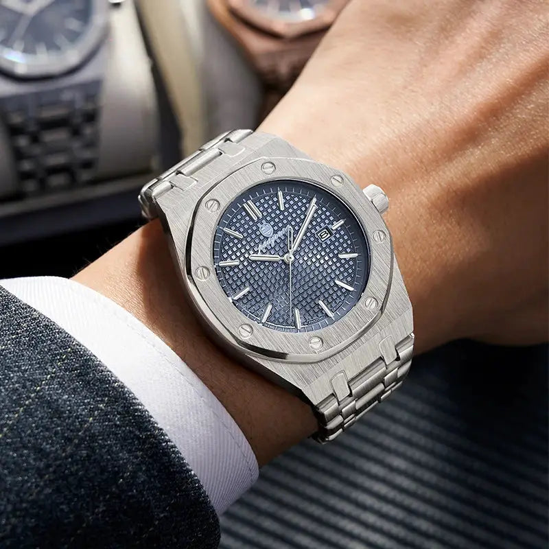 PAAZOMU Luxury Square Men's Quartz Watch, stainless steel bracelet, blue textured dial with date and luminous hands