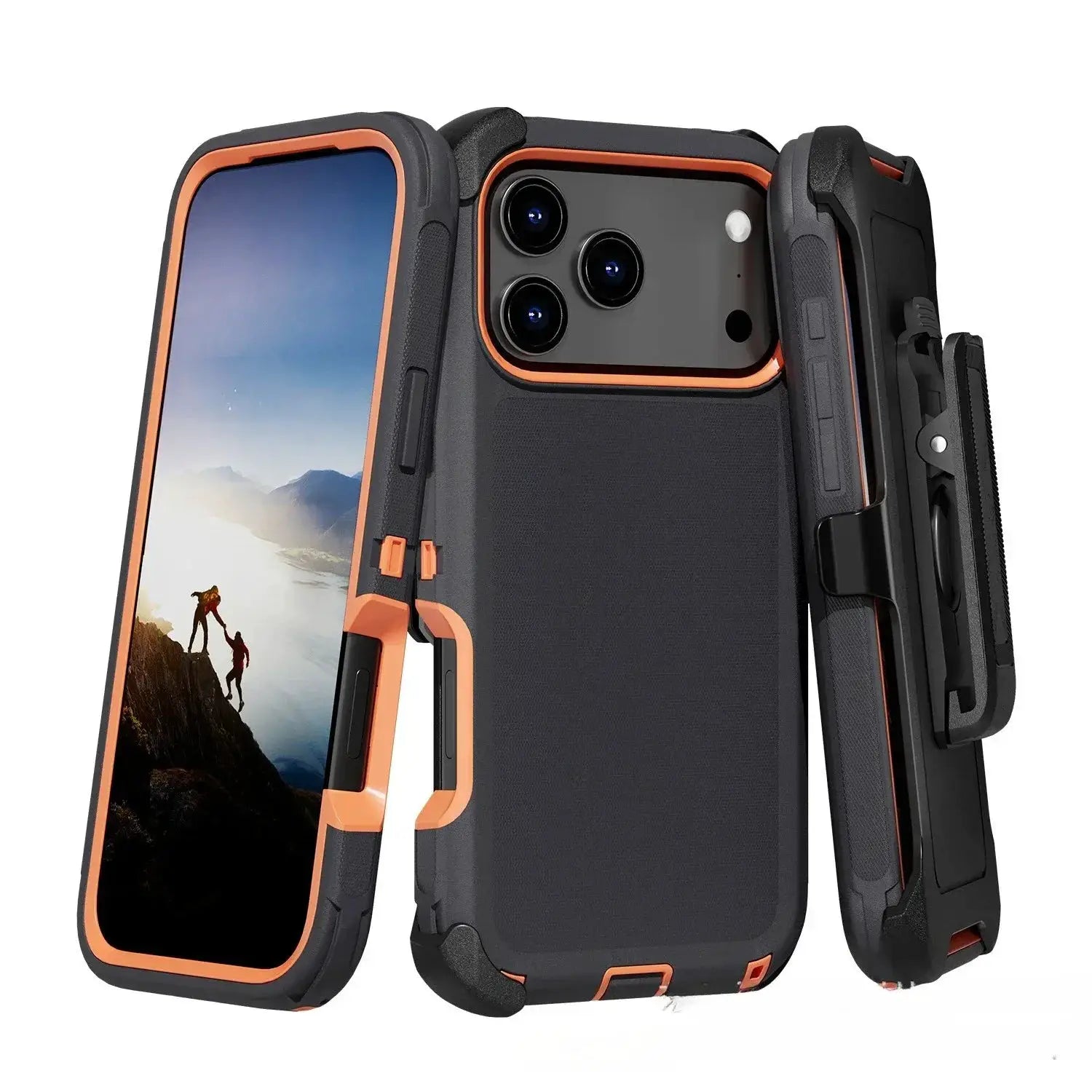 Simples Market rugged shockproof phone case with belt clip, black with orange trim for iPhone Pro Max.