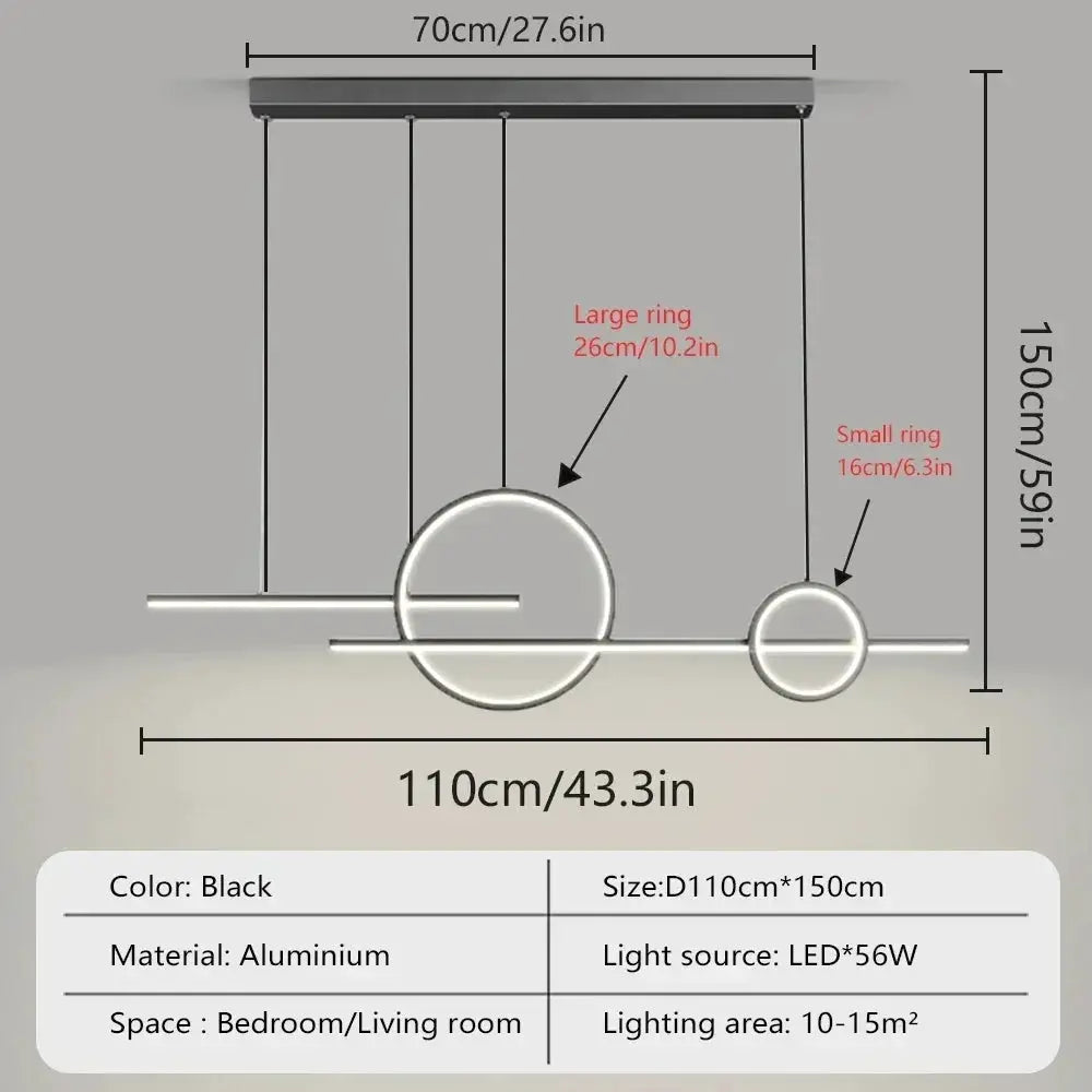 Modern LED chandelier pendant light with two rings, 26 cm and 16 cm, black aluminum