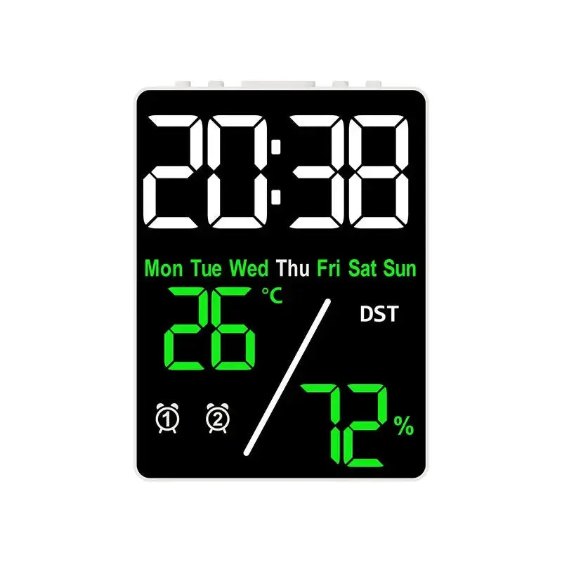 Simples Market digital alarm clock with humidity display; large black screen, green digits, desktop charging clock