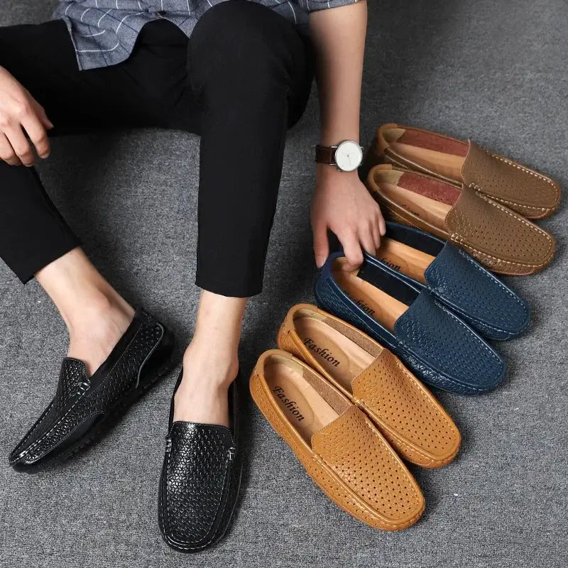 Men's genuine leather loafers with perforated hollow-out design; six colorways shown.