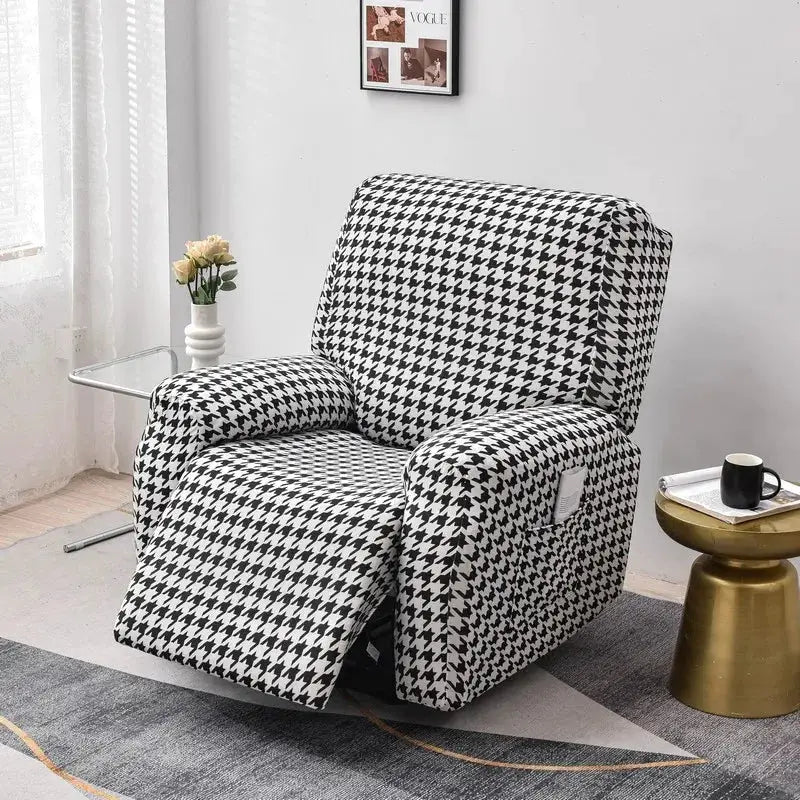 Recliner chair cover in black and white houndstooth stretch fabric; fits 1/2/3 seat recliners for kids and pets.