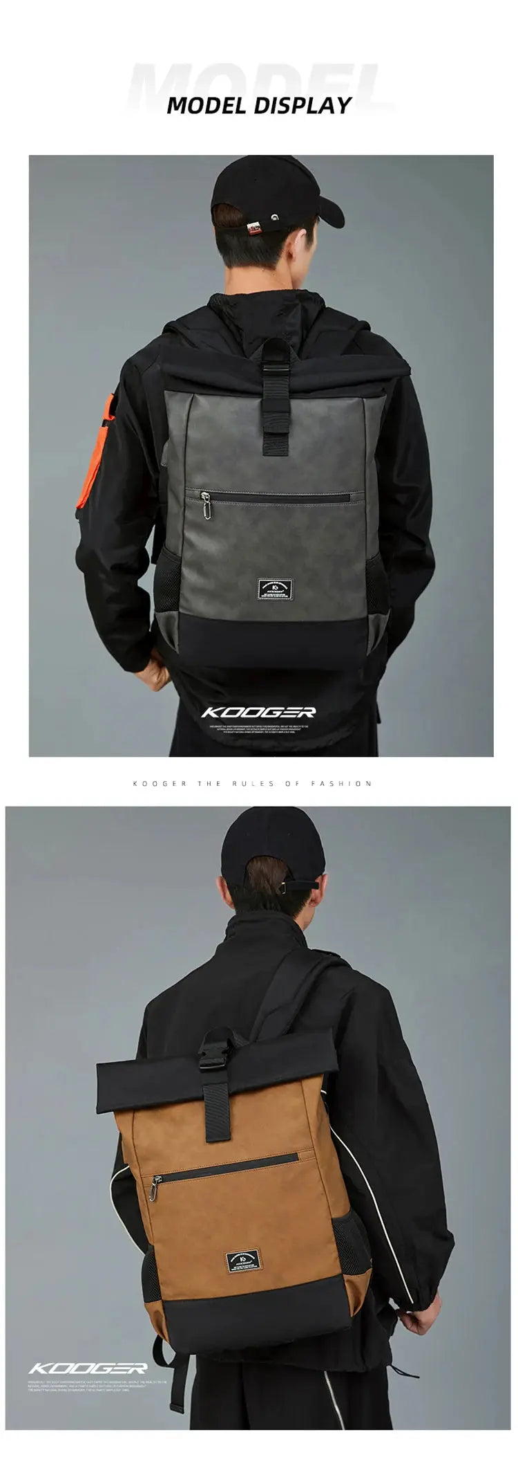 Backpacks: two KOOGER waterproof USB roll-top PU leather bags in grey and tan