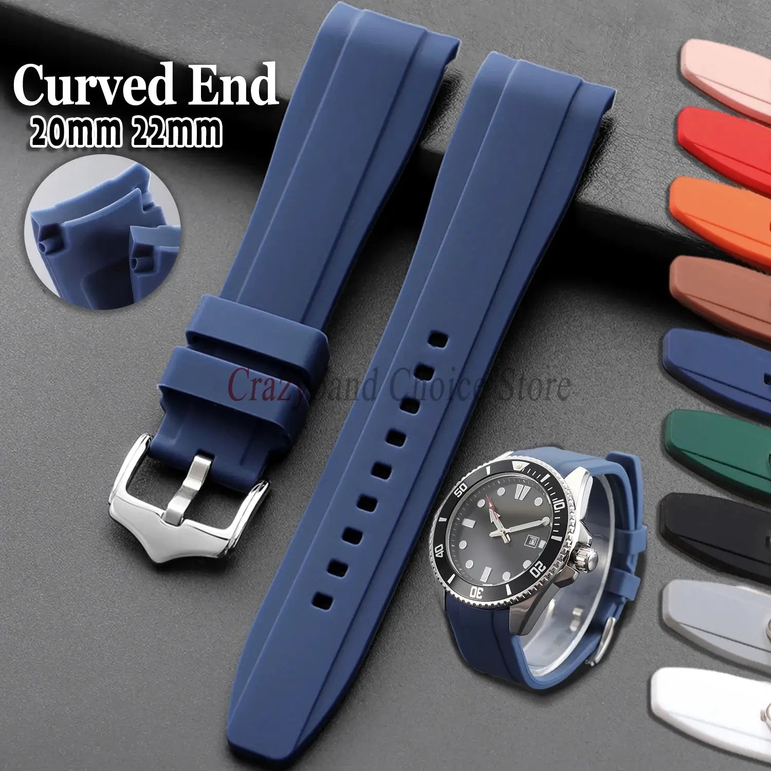 Simples Market blue curved-end silicone watch strap 20mm–22mm for Rolex/DW/Casio, waterproof, 2 pcs