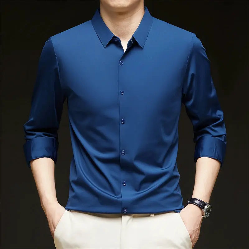 Men's blue long-sleeve button-down shirt, wrinkle-resistant, business casual