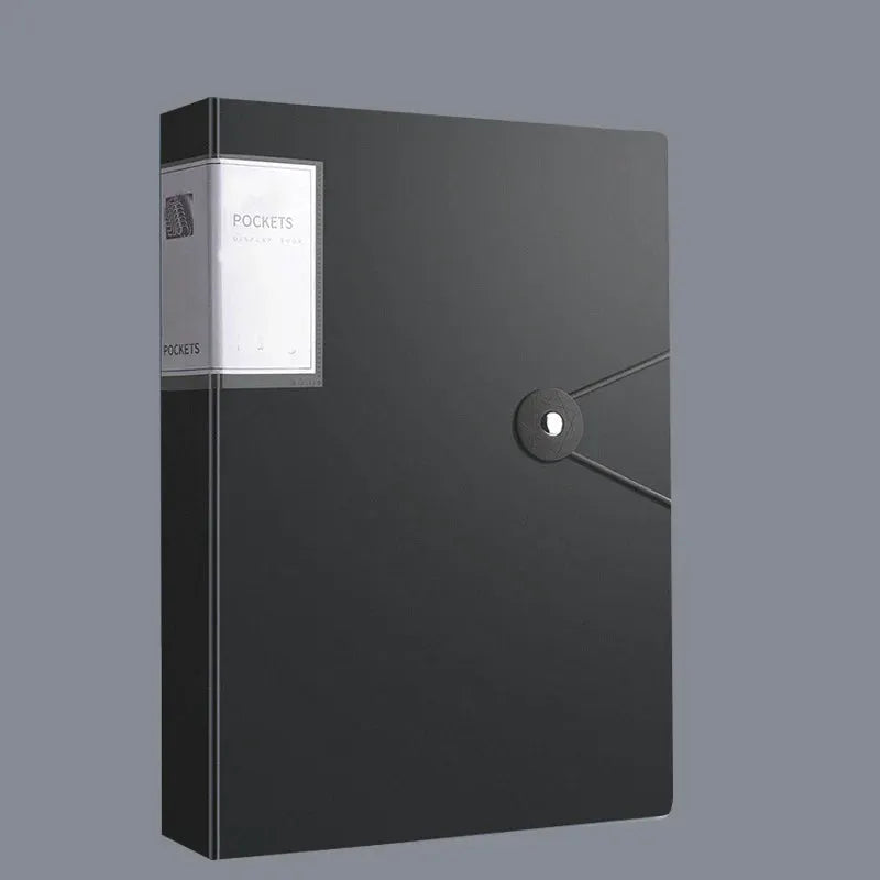 Portfolio binder for document display, black with elastic strap, holds 30/40/60/100 pages
