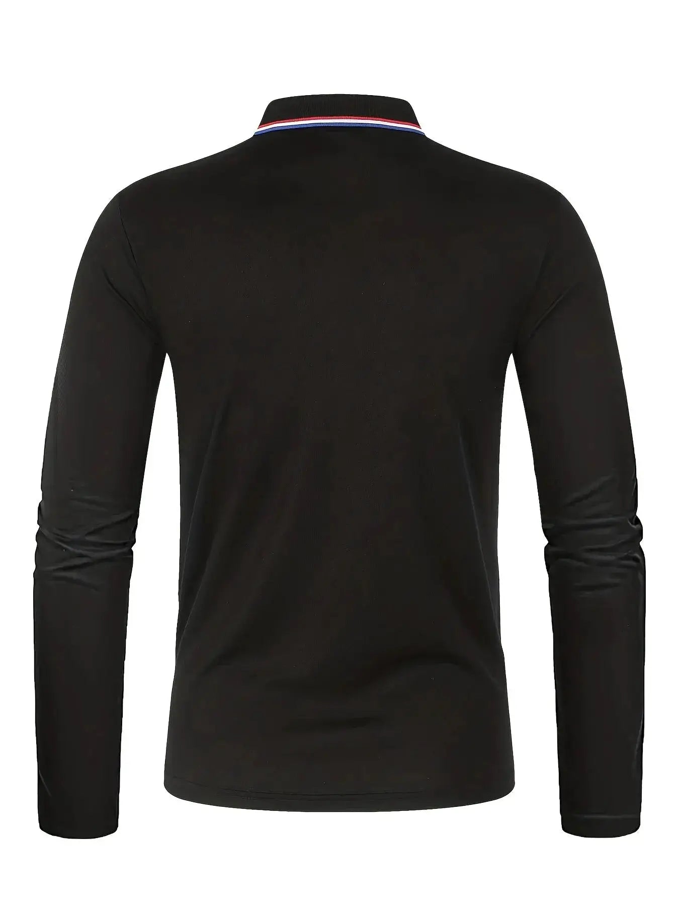 Simples Market men's black long-sleeve polo shirt with red-white-blue striped collar, back view, clean silhouette