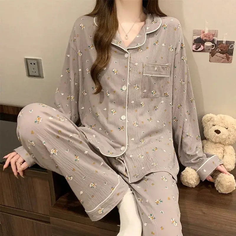 CozyNest Spring And Autumn Women Pajamas Loungewear Set Cardigan Breathable Crinkled Polyester With Love Heart Print