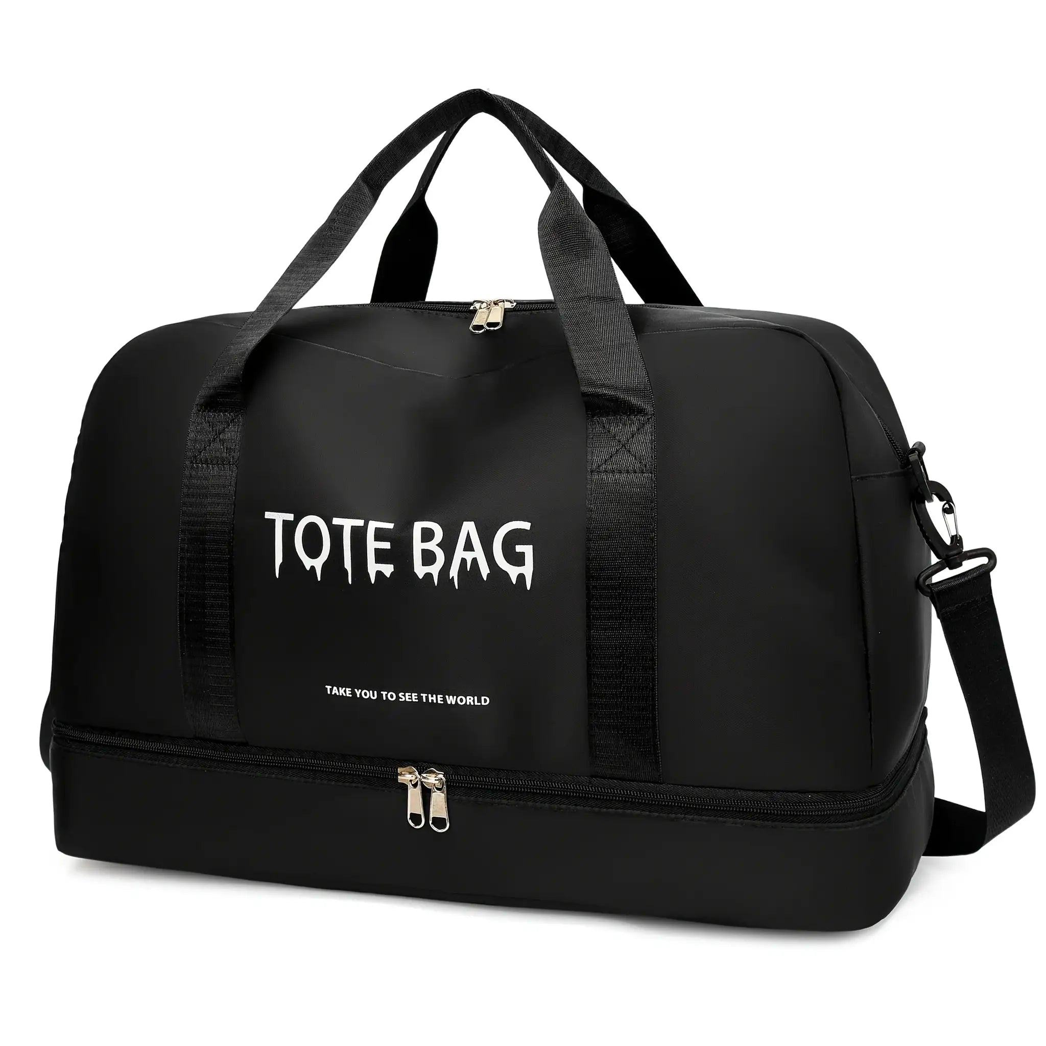 Black nylon large-capacity travel duffle bag with dual top handles and adjustable shoulder strap.