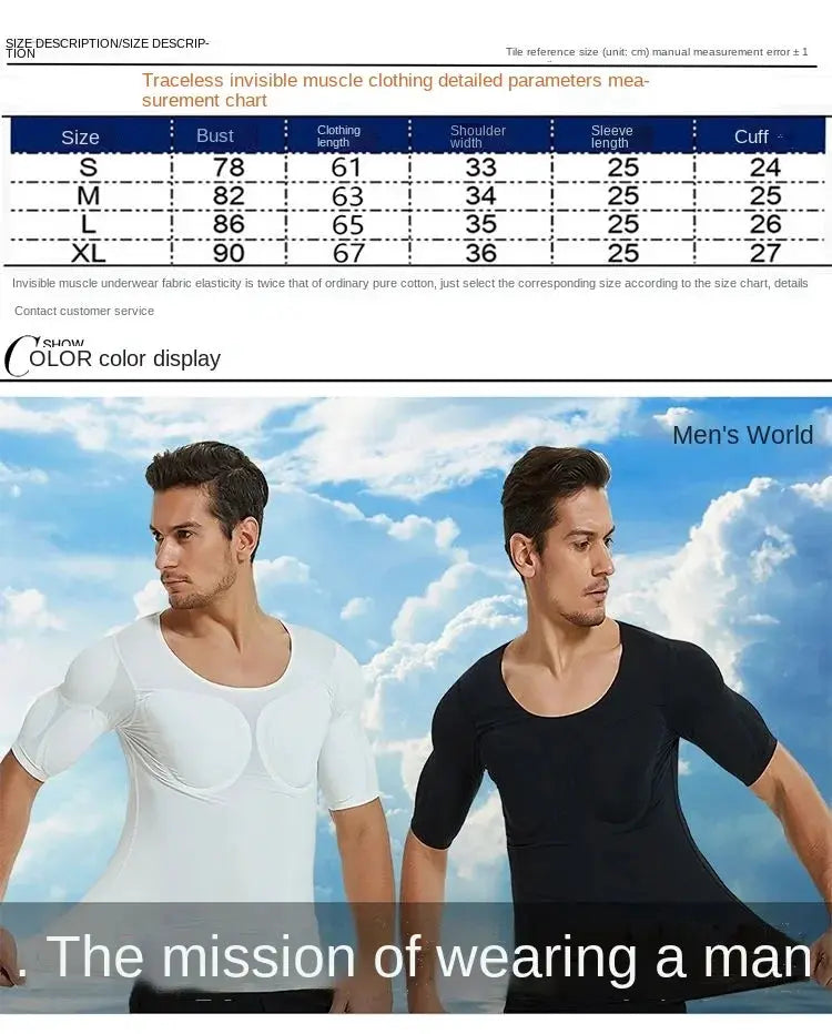 Men's body shaper undershirt with muscle pads, white and black, 2-pack, Simples Market