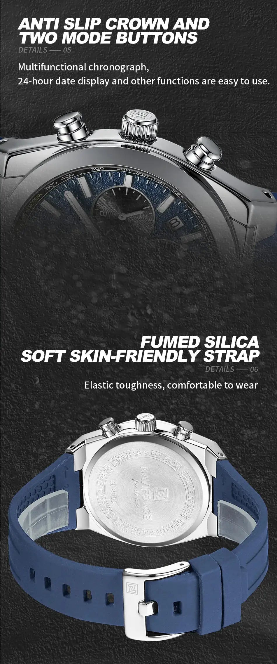 2 NAVIFORCE men's watches with blue silicone strap, stainless steel case, multifunction chronograph