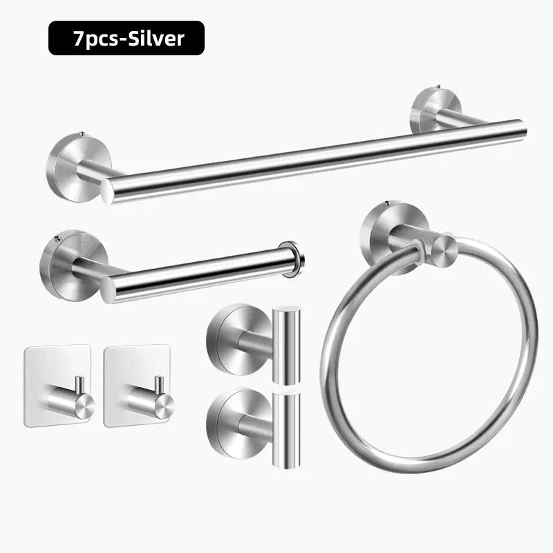 7-piece Simples Market stainless steel bathroom hardware set with towel bar, towel ring, toilet paper holder.