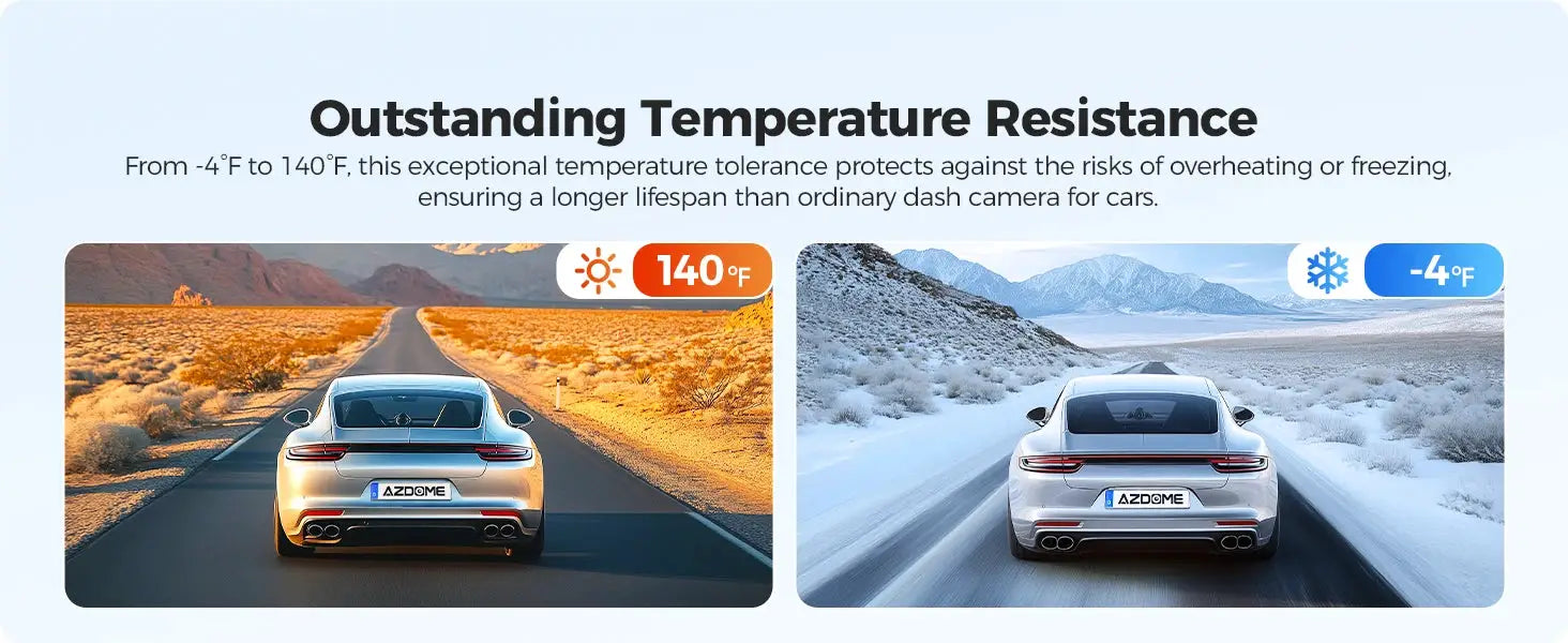 AZDOME dash cam GS63H banner with two cars on desert and snowy roads, highlighting -4°F to 140°F temperature resilience.