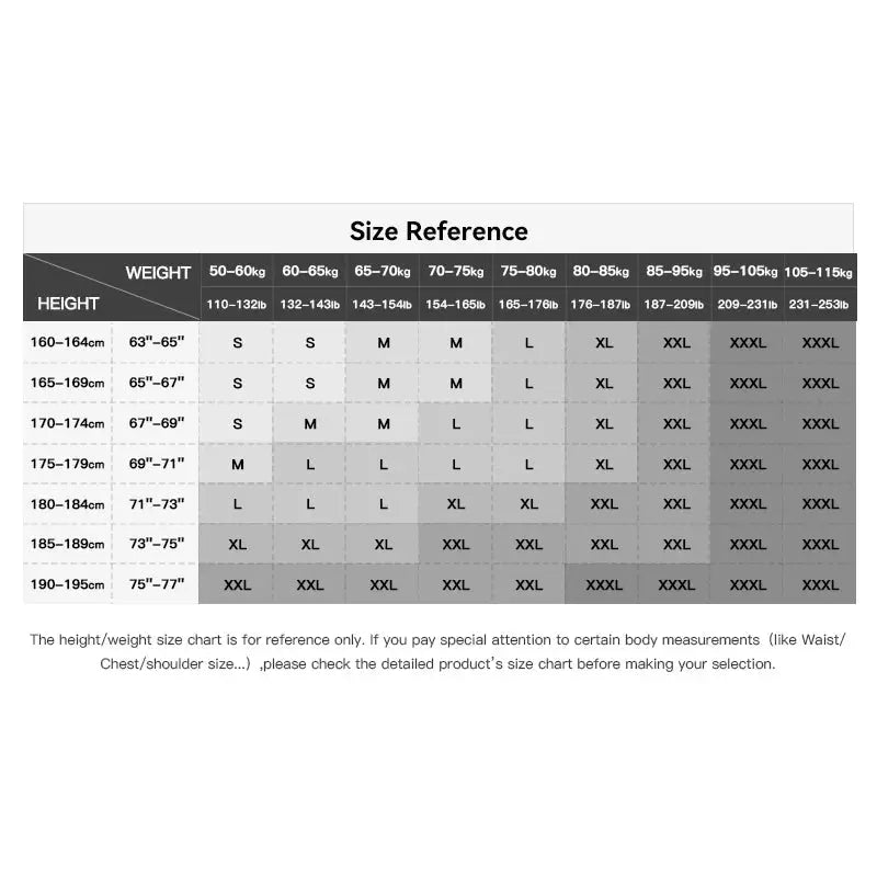 Maden Winter men's stand-up collar down jacket size reference chart with height/weight ranges and S-XXXL labels