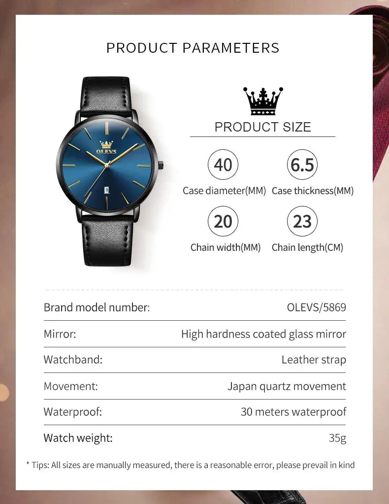 OLEVS 5869 ultra-thin quartz men's watch with blue dial and black leather strap, 30m waterproof