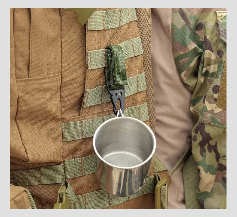 Carabiner high-strength nylon key hook on MOLLE webbing; tan tactical vest with metal cup hanging, Simples Market.