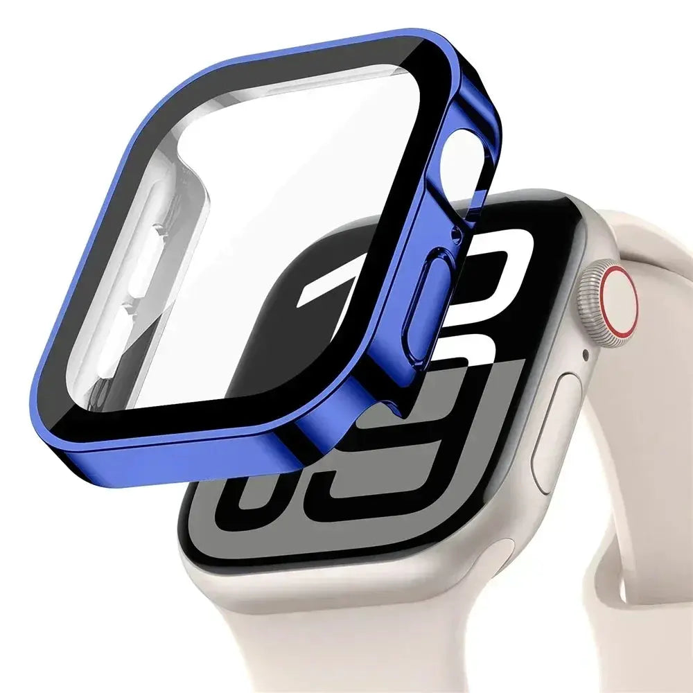 Simples Market Apple Watch bumper case with blue frame and tempered glass screen protector, 40–46mm compatible.