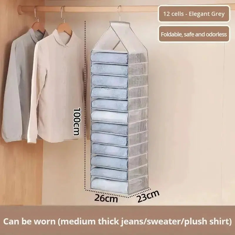 Simples Market 12-cell hanging wardrobe organizer in elegant grey; folds and stores pants, socks, T-shirts (100cm tall, 26x23cm)