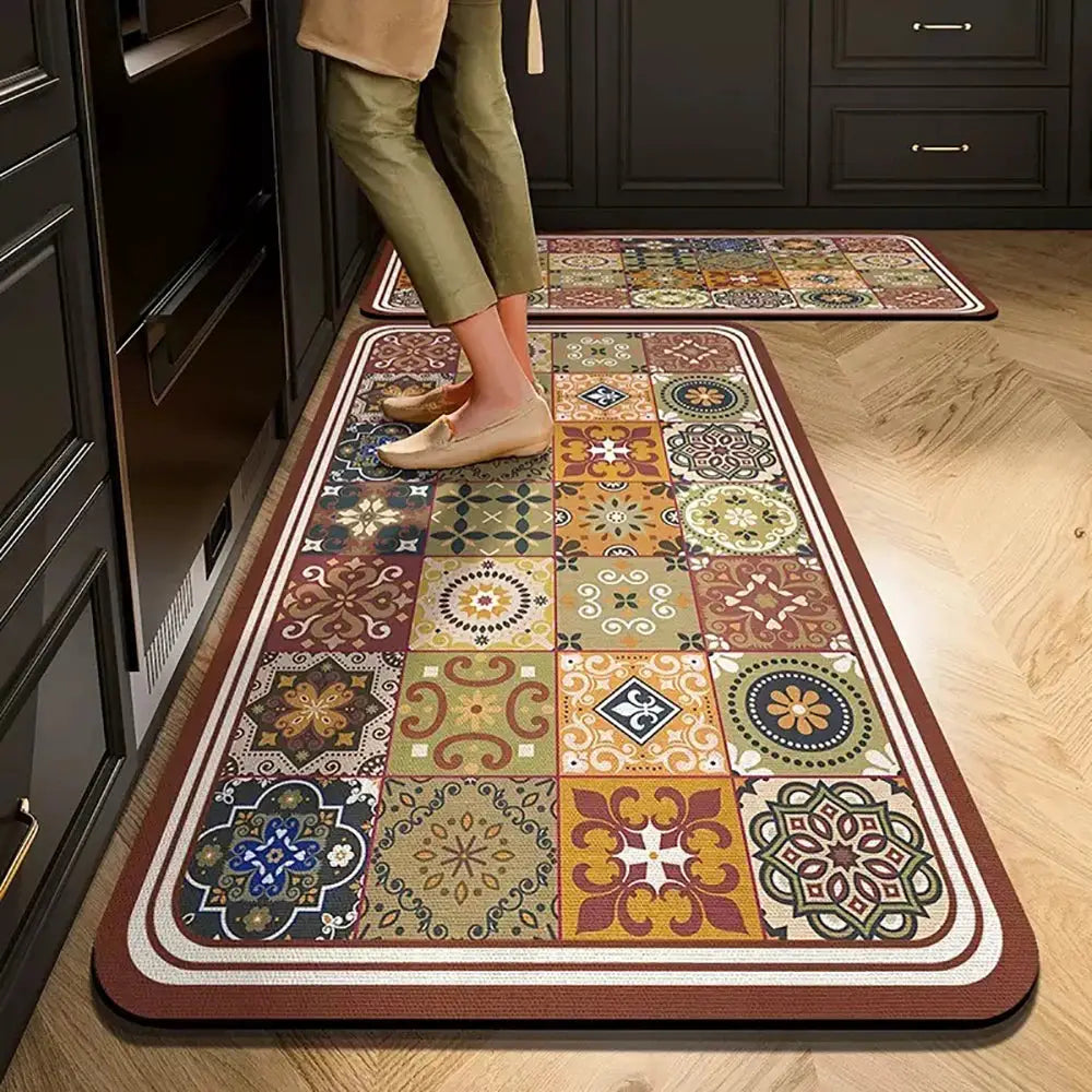 Two non-slip long kitchen mats by Simples Market with colorful patchwork pattern; crystal velvet, absorbent doormats.