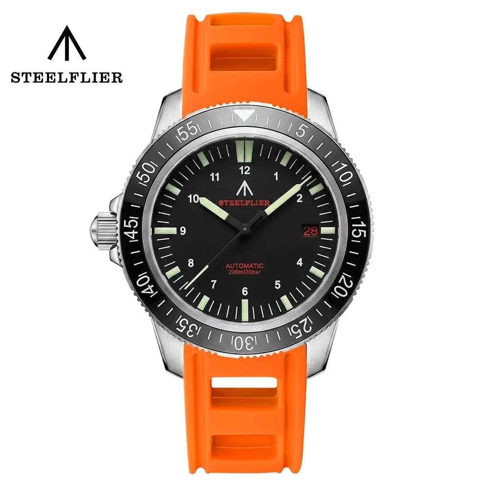STEELFLIER SF783 NH35 automatic dive watch with orange silicone strap, black dial, ceramic bezel, 200m water resistant.