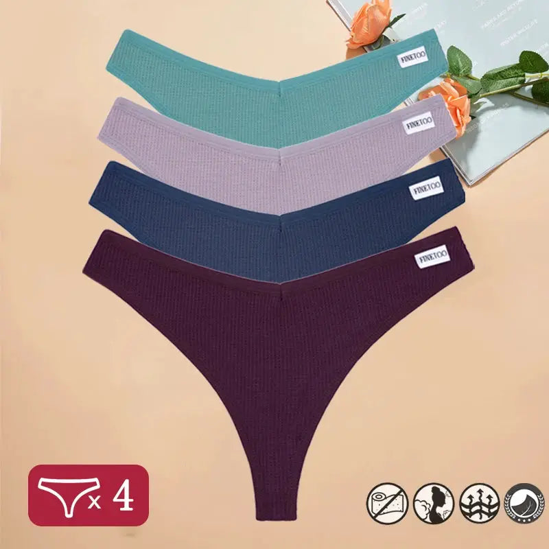 4-pack waffle cotton V-waist women panties set in teal, lilac, navy, burgundy with Simples Market tag, sizes S-XL