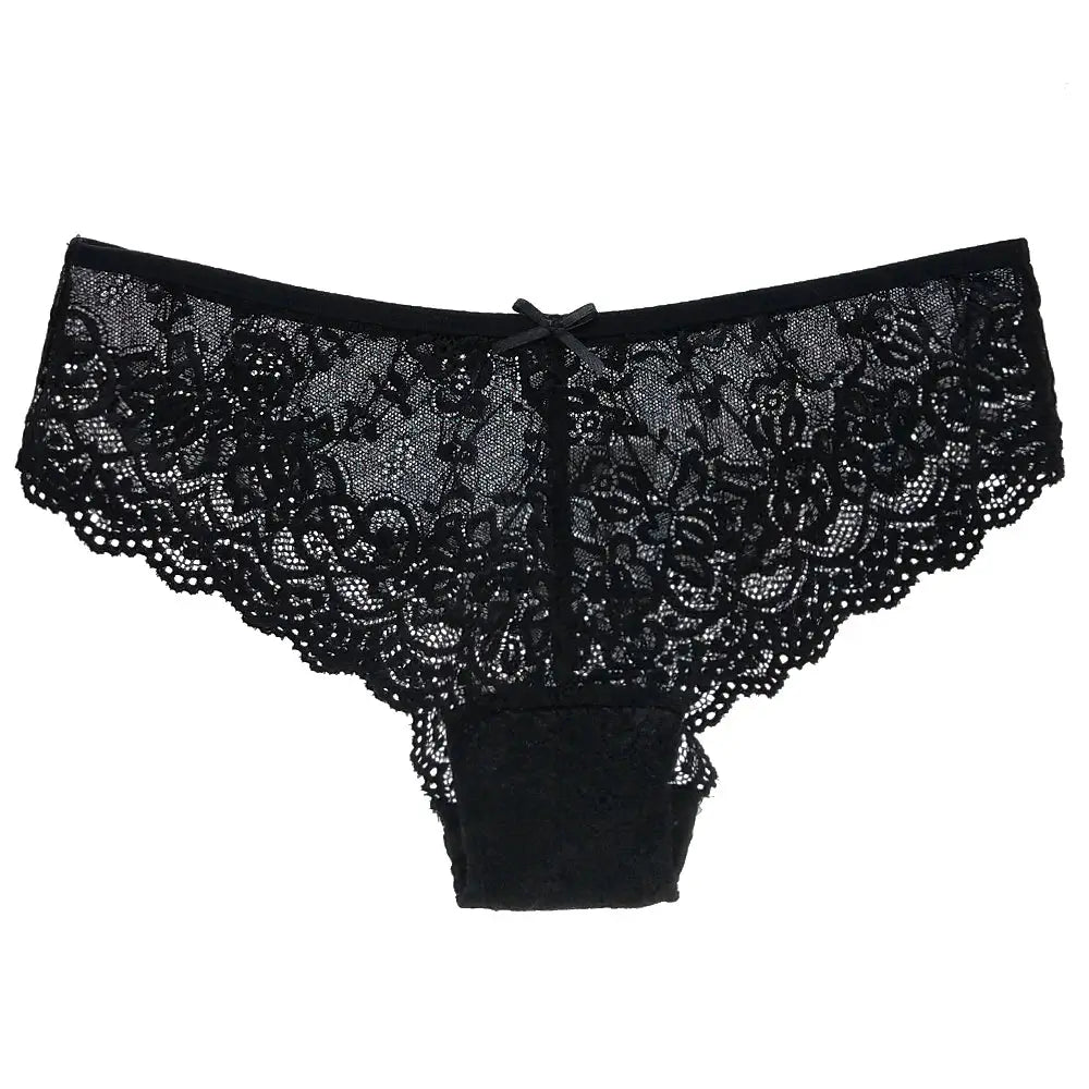 Women lace panties, black low-waist bikini-style with floral lace and bow, Simples Market