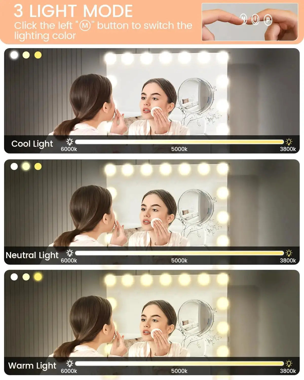 Simples Market vanity mirror with adjustable LED lights, 3x magnification, touch controls, and 3 color modes.