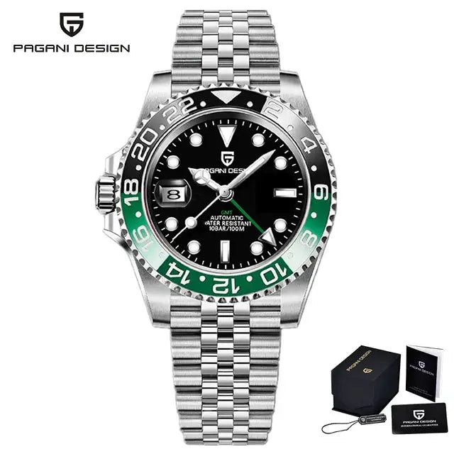 Pagani Design V3 GMT men's stainless steel watch with black dial, green GMT bezel