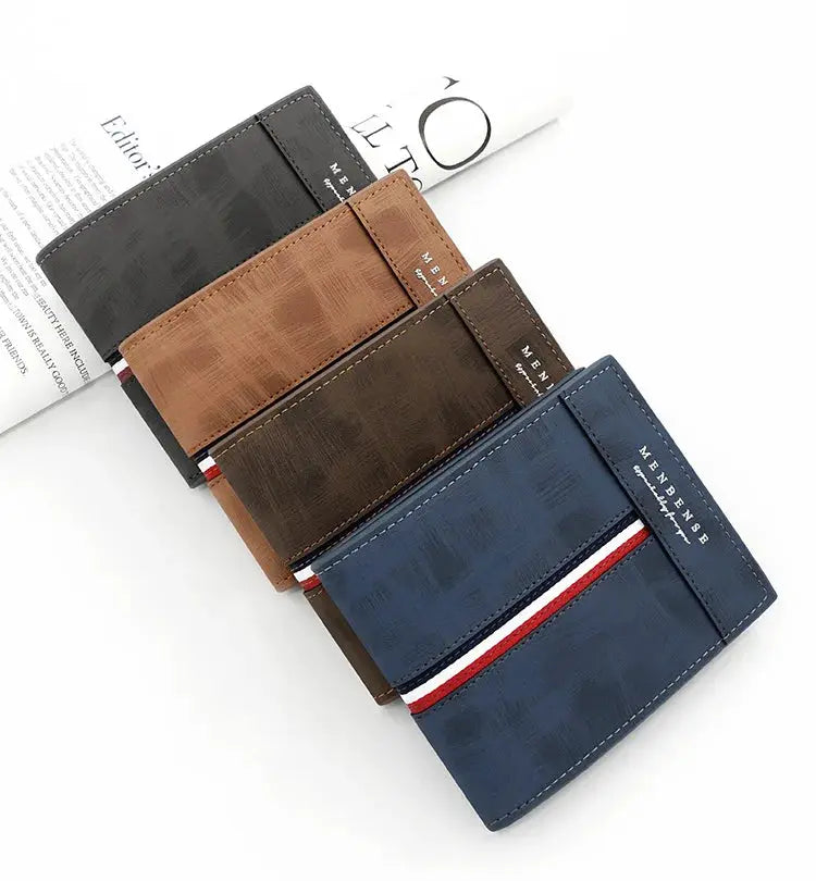 Simples Market luxury slim short men's wallet set; 4 PU leather card holders in black, tan, brown, and navy blue