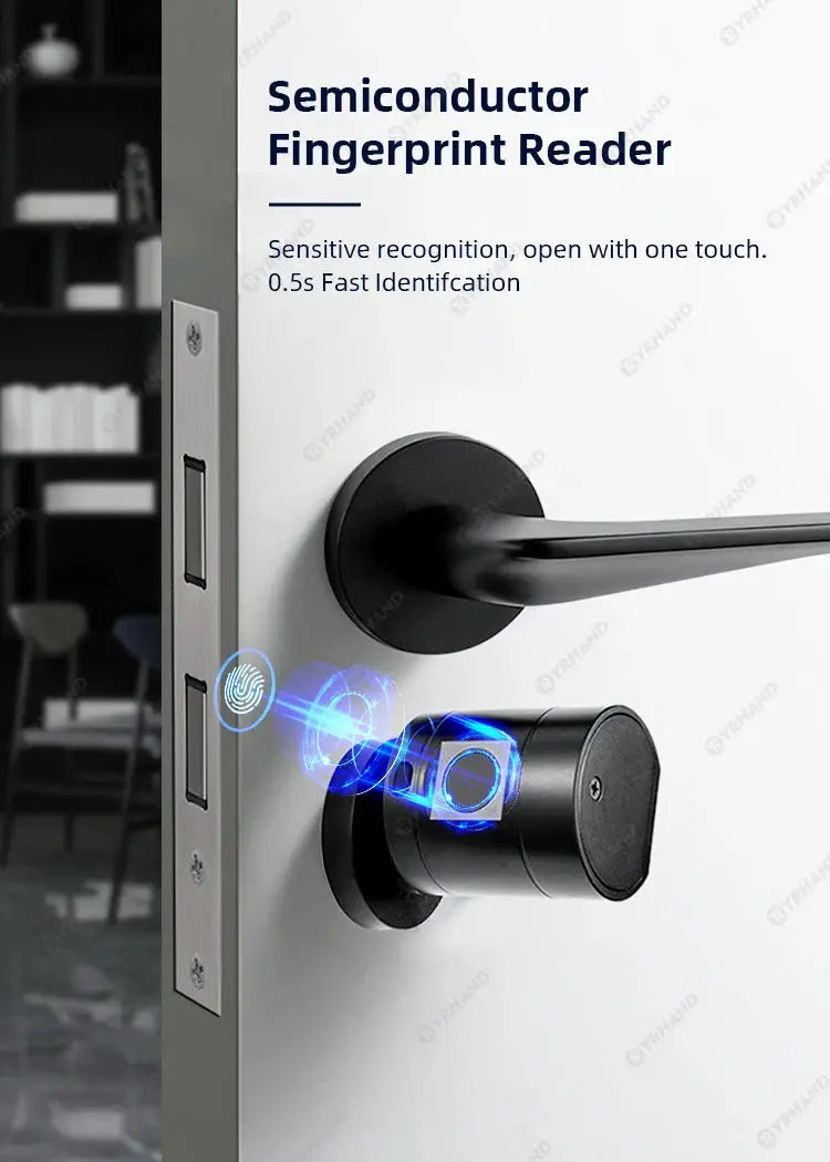 Smart euro-cylinder door lock with fingerprint reader on a white door; black finish