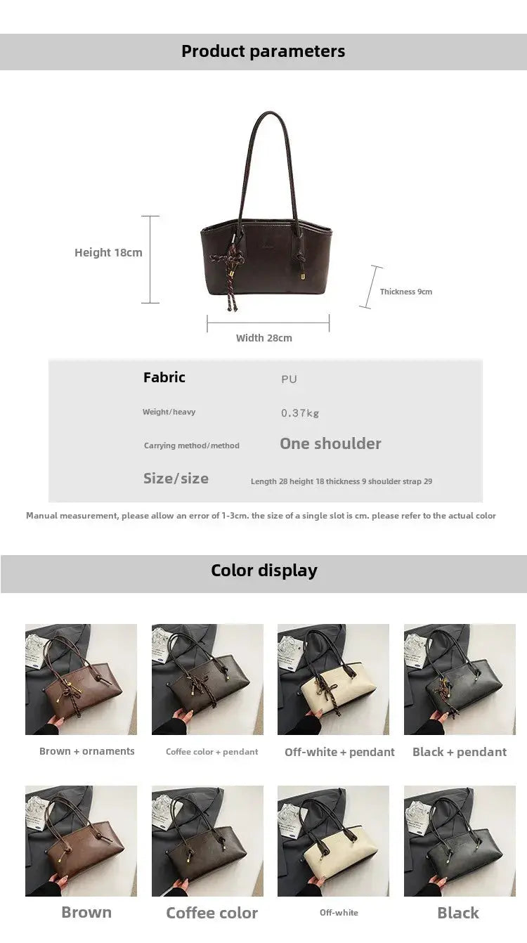 PU leather shoulder bag by Simples Market, brown with pendant tassels, one-shoulder design, 28x18x9 cm