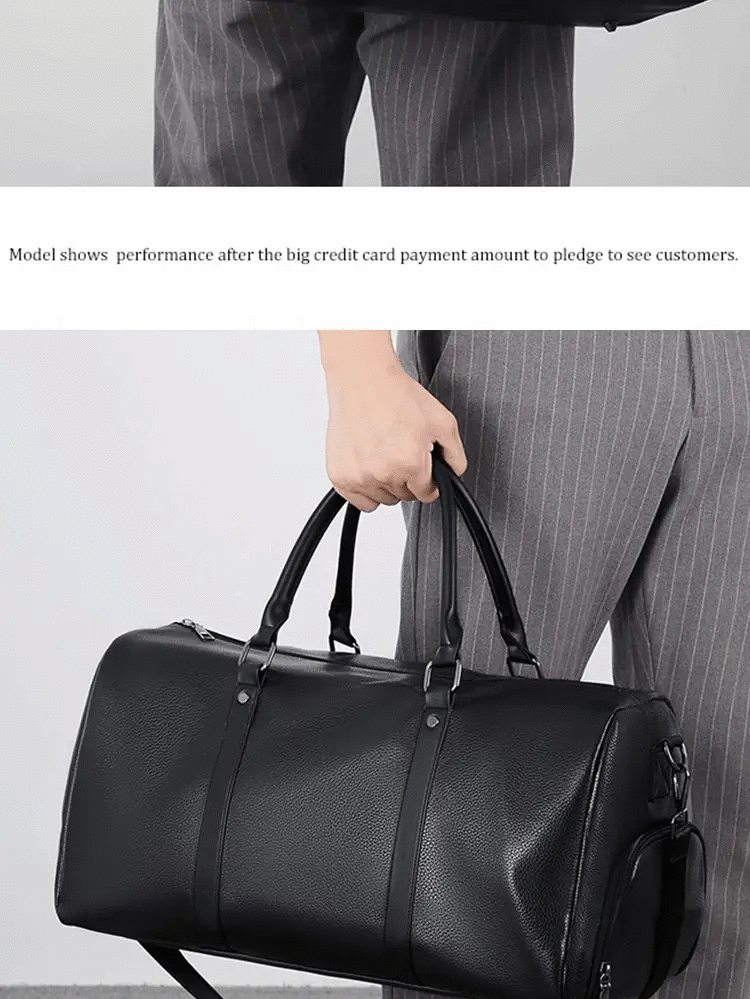 Retro New Short Trip Bag in black PU leather, large-capacity duffle with dual top handles