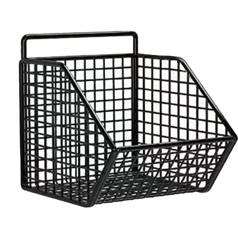 Wall-mounted black metal wire basket for kitchen storage of spices, garlic, onions, and vegetables