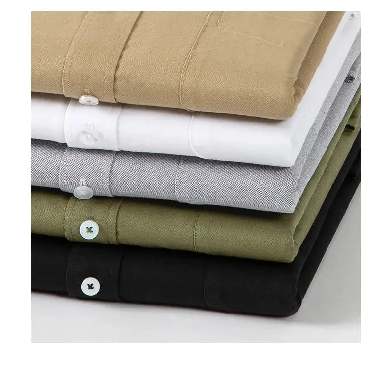 Men's 100% cotton long-sleeve shirt stack of six in tan, white, gray, olive, black; classic slim fit, pocket.