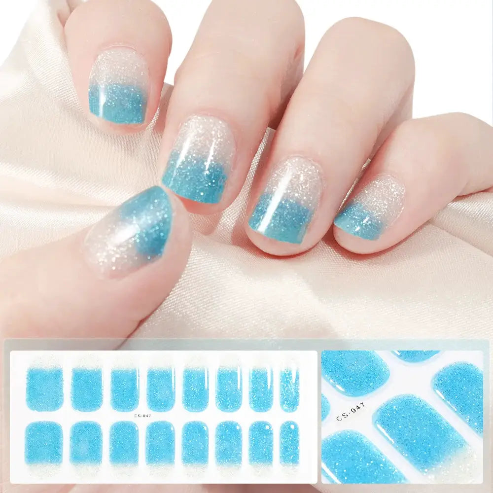 Simples Market nail sticker set: blue glitter gradient French tip wraps for full-coverage UV gel manicure (16 pcs)