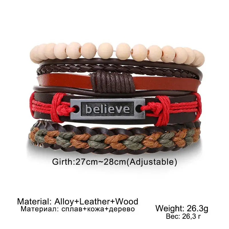 4 Piece Set Braided Leather Wrap Bracelets For Men Vintage Life Tree Rudder Charm Wood Beads Ethnic Tribal Wristbands