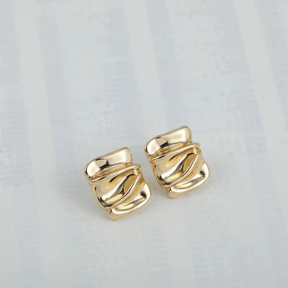 Gold Plated Punk Square Stud Earrings For Women Geometric Pleated Copper Alloy Ear Jewelry Gift For Modern Outfits