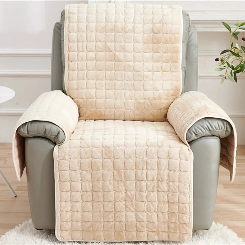Recliner sofa protector cover in beige plush quilted fabric with matching armrest covers