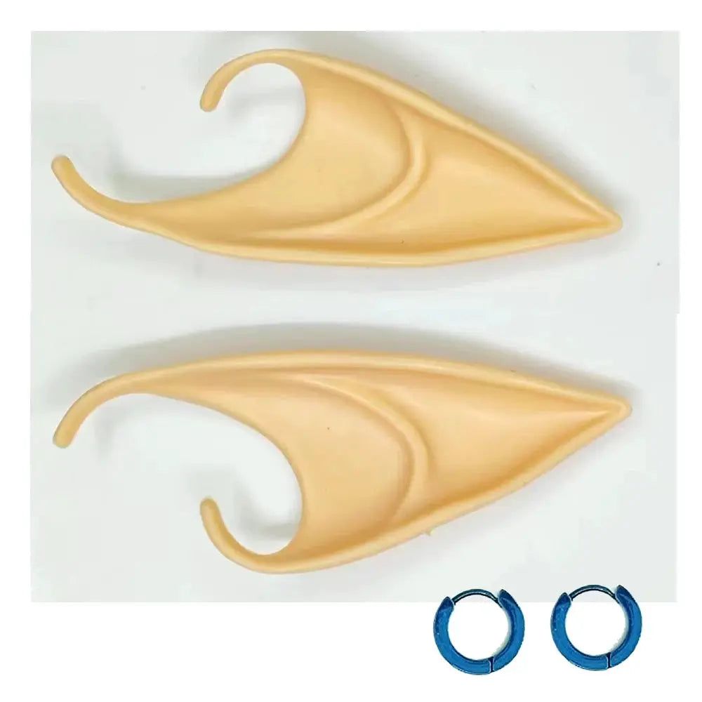 Elf ear prosthetics; two beige pieces with blue hoop earrings for cosplay