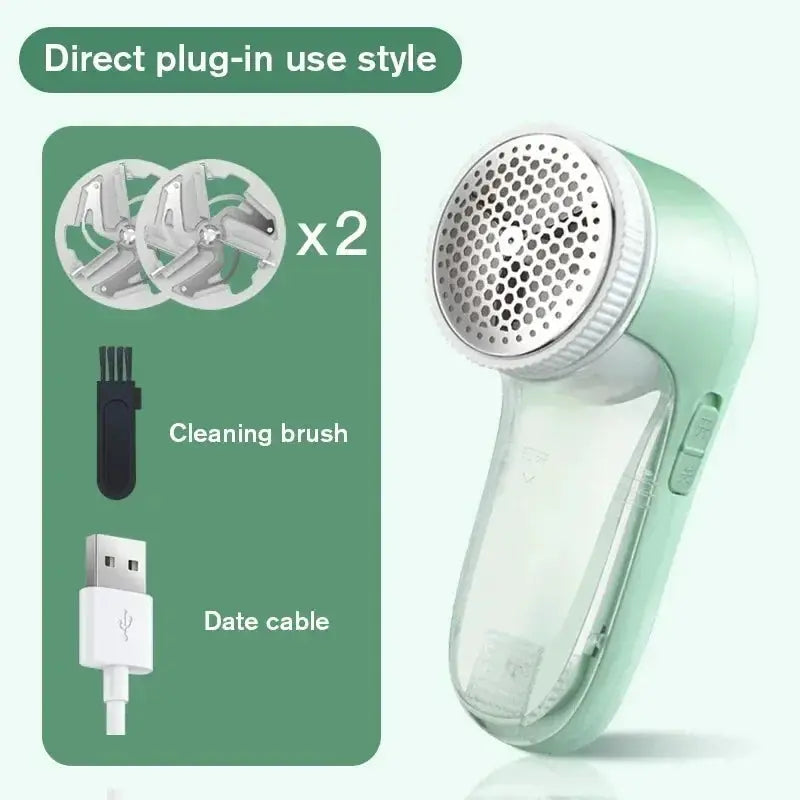 Simples Market electric lint remover in mint green with perforated head; includes 2 replacement heads and USB cable.