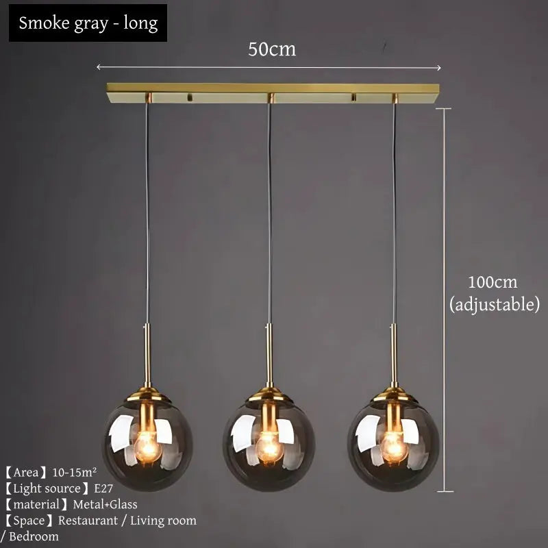 Modern Luxury Metal Chandelier; 3 smoky gray glass pendant lights on brass bar, 100cm adjustable cords
