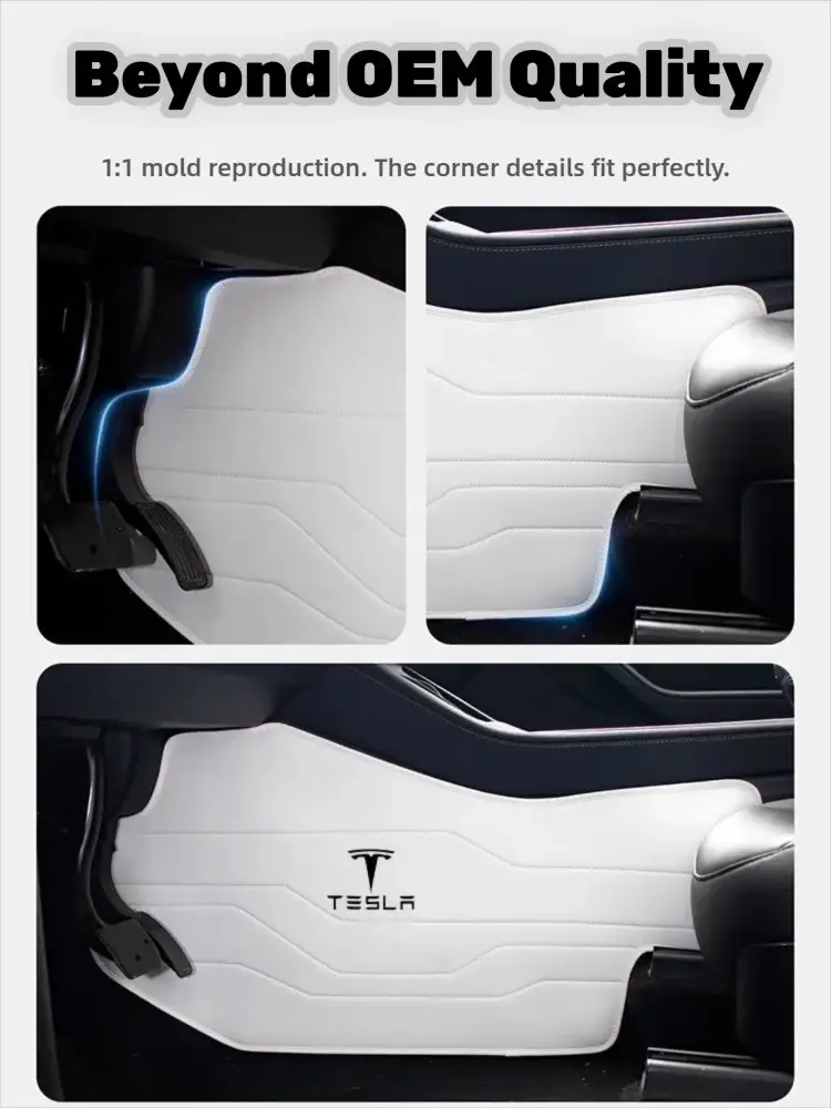 Simples Market Highland white leather car floor mats for Tesla Model Y, 2-piece cockpit set with Tesla logo