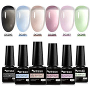 MTSSII Jelly Gel Nail Polish 6-Pcs Set with jelly transparent shades in black, blue, peach, pink, lilac and mint